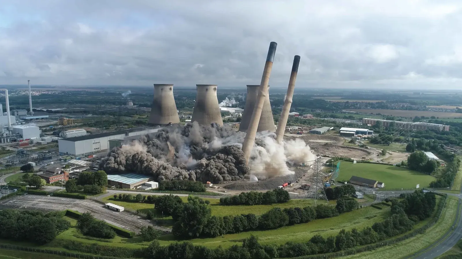 Controlled demolition of two chimneys at Ferrybridge Power Station