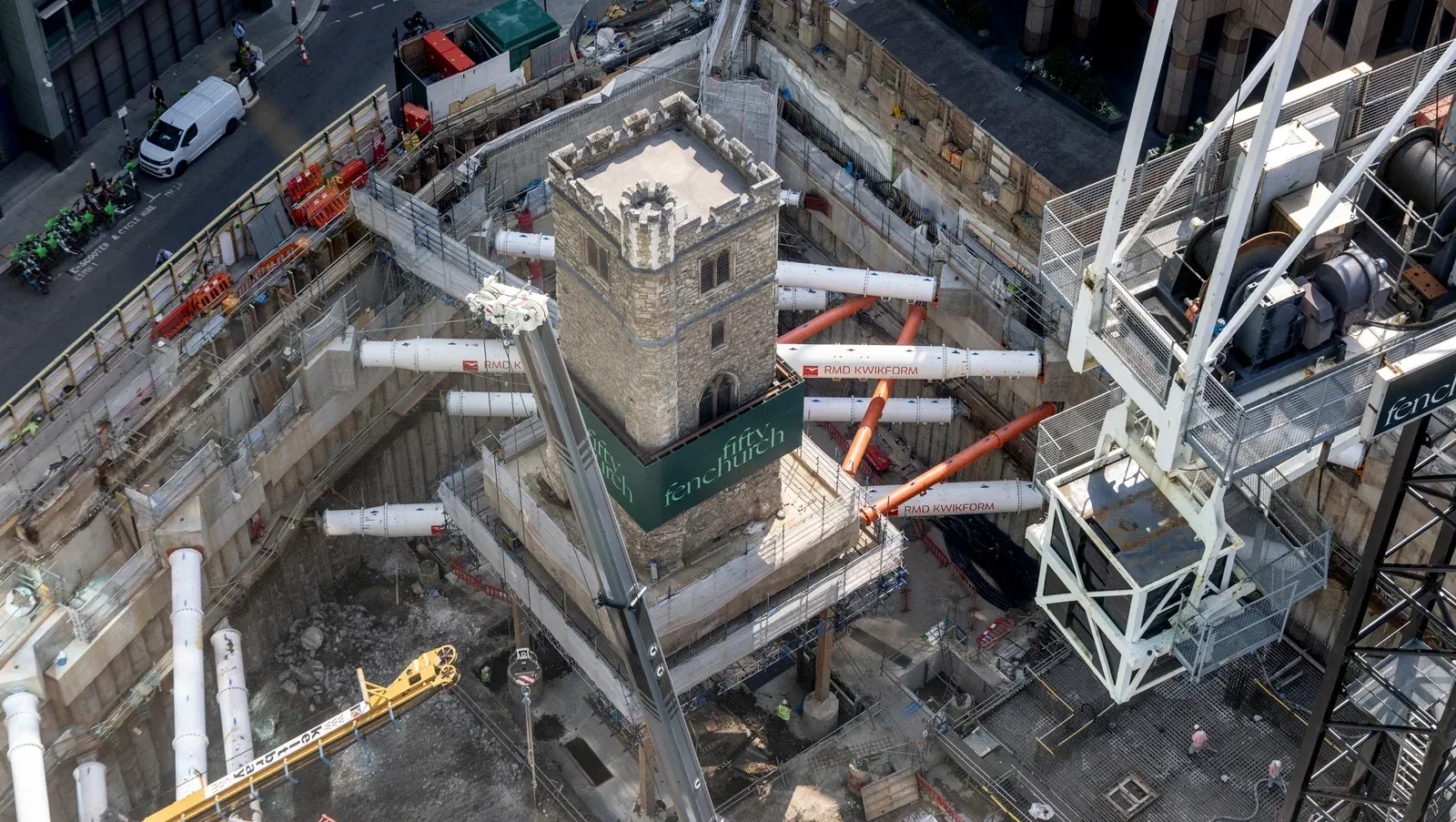 50 Fenchurch Street · temporary support around the retained church tower during excavation